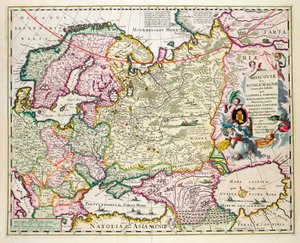 Vähä-Aasian kartta, jossa näkyy Norja, Ruotsi, Tanska, Lappi, Puola, Turkki, Venäjä ja Moskovan alue, n. 1626 (käsinvärinen levykaiverrus)